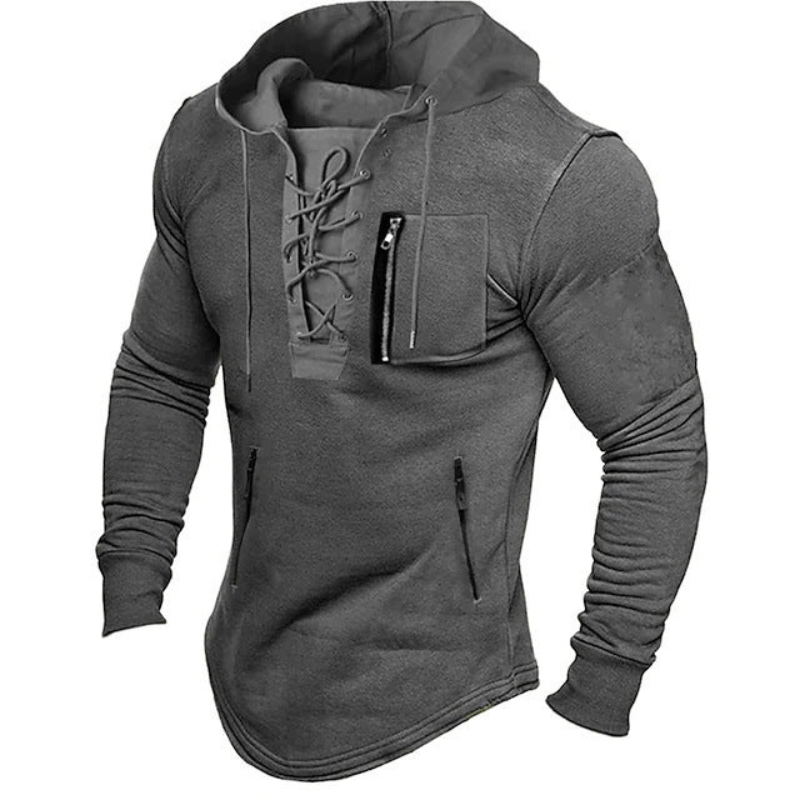 Men's lace up hoodie with chest and lower zip pockets