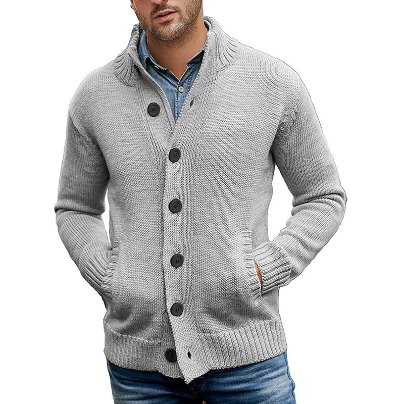 Men's textured knitted cardigan with shawl collar and front pockets