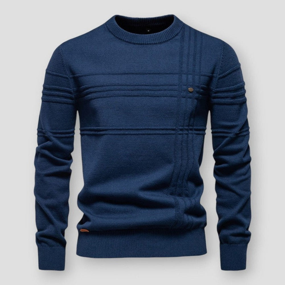 Men's crew neck sweater with raised horizontal and vertical detailing