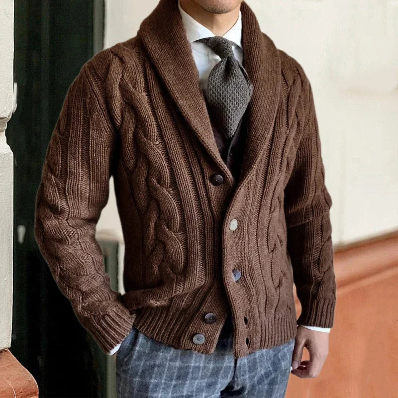 Men's chunky cable knit cardigan with shawl collar and button front