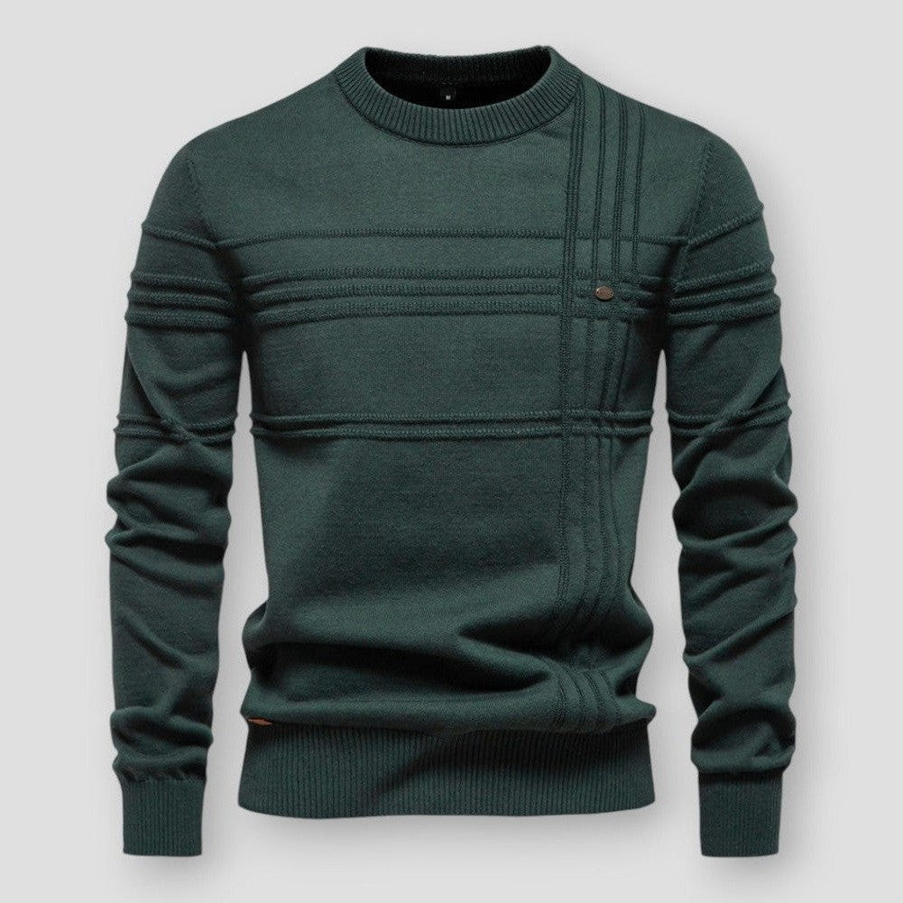Men's crew neck sweater with raised horizontal and vertical detailing