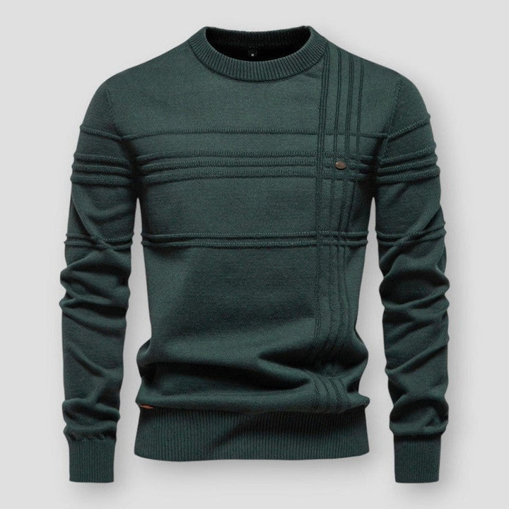 Men's crew neck sweater with raised horizontal and vertical detailing