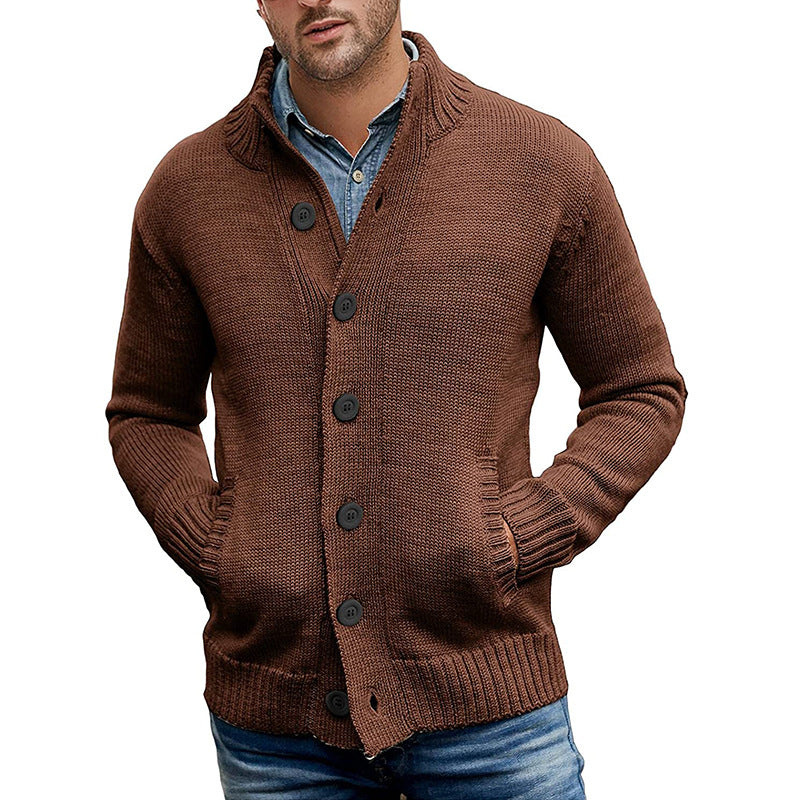 Men's textured knitted cardigan with shawl collar and front pockets
