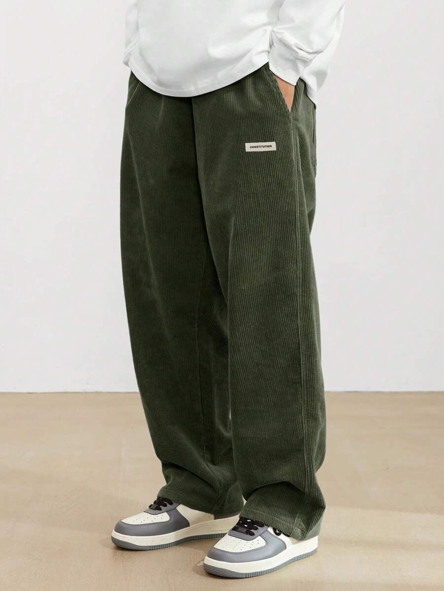 Men's loose straight-leg corduroy trousers with side pockets