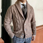 Men's chunky cable knit cardigan with shawl collar and button front