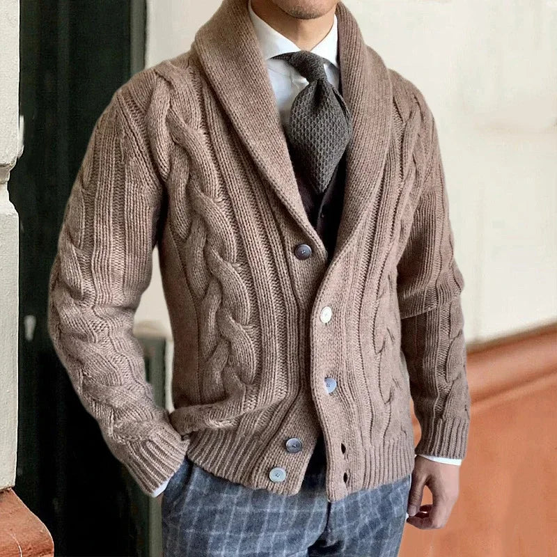 Men's chunky cable knit cardigan with shawl collar and button front
