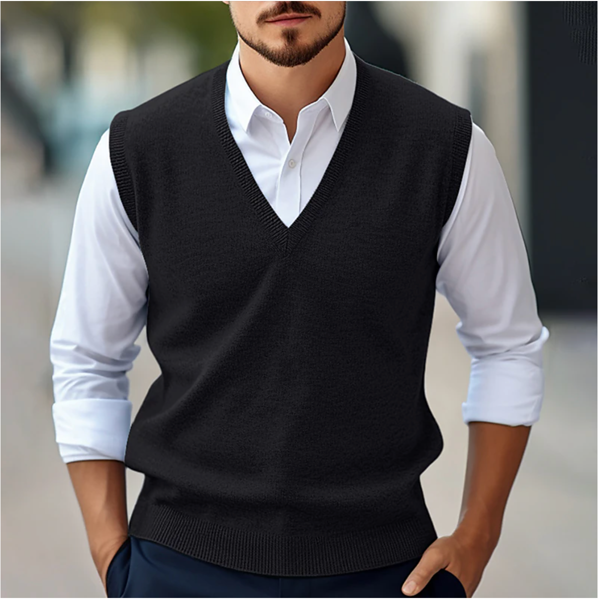Men's sleeveless V-neck sweater vest layered over a white shirt
