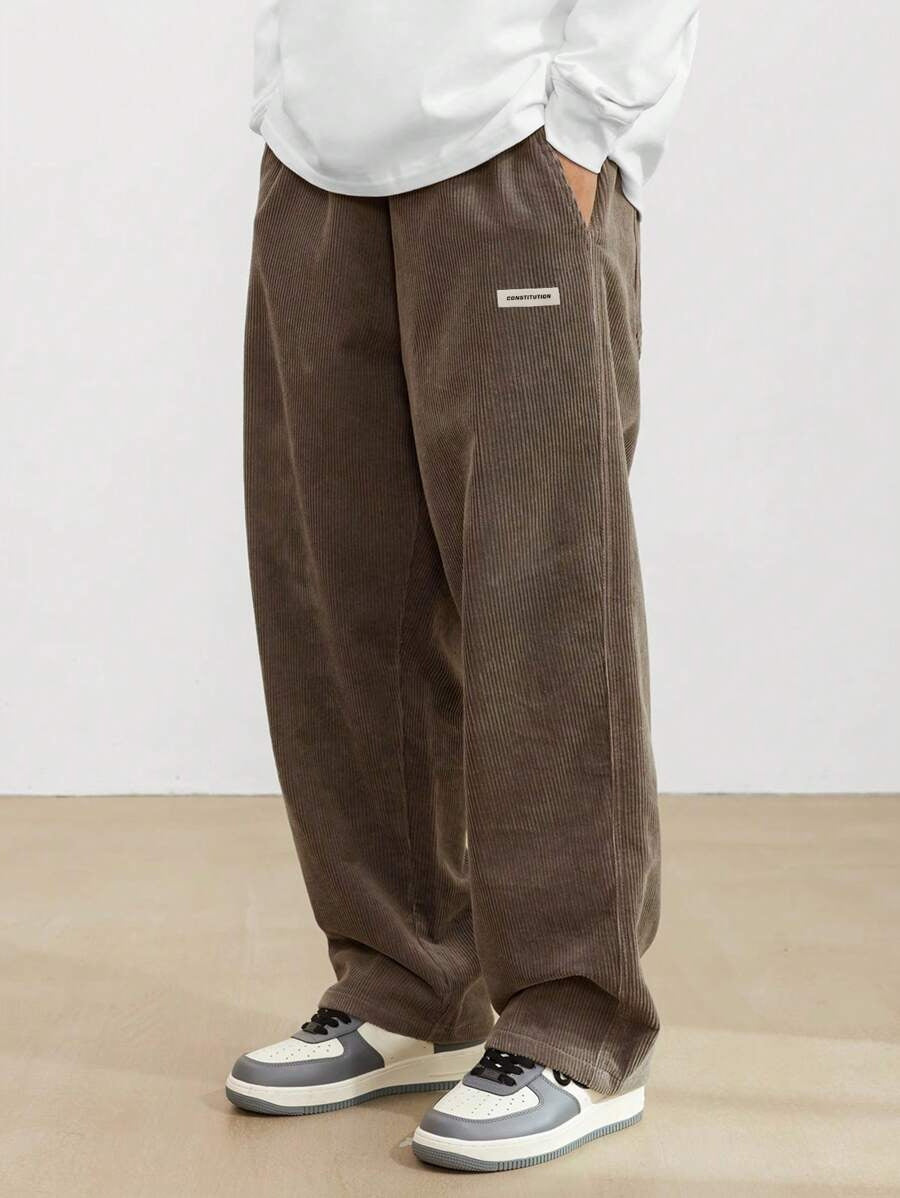 Men's loose straight-leg corduroy trousers with side pockets