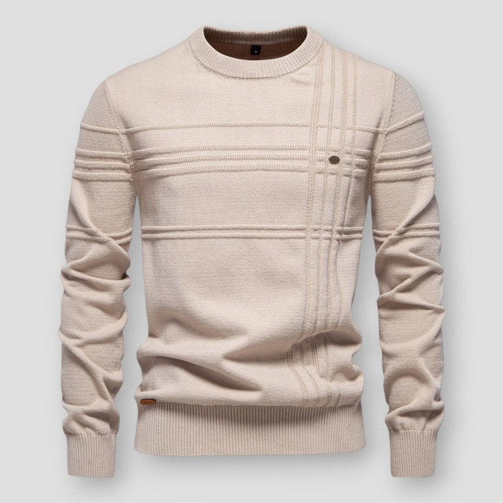 Men's crew neck sweater with raised horizontal and vertical detailing