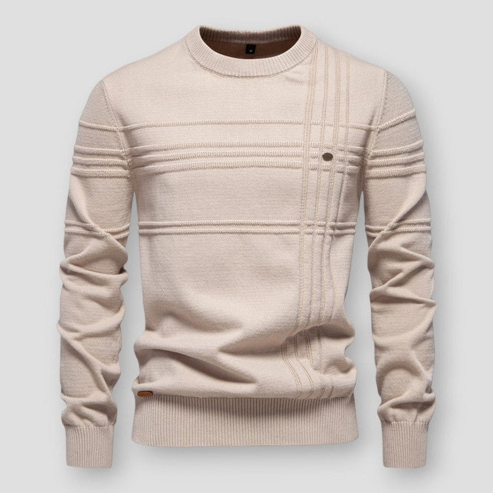 Men's crew neck sweater with raised horizontal and vertical detailing