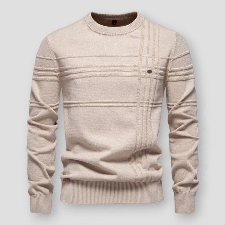 Men's crew neck sweater with raised horizontal and vertical detailing