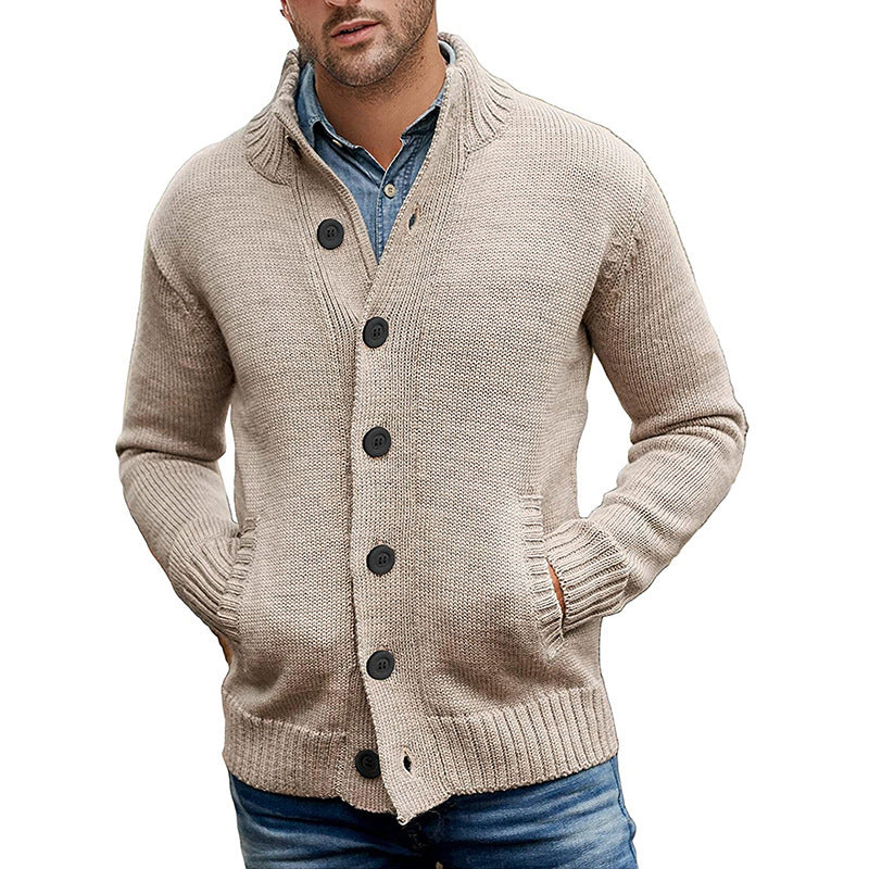 Men's textured knitted cardigan with shawl collar and front pockets