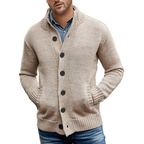 Men's textured knitted cardigan with shawl collar and front pockets