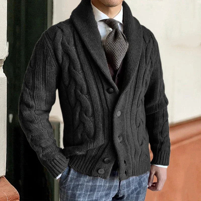 Men's chunky cable knit cardigan with shawl collar and button front