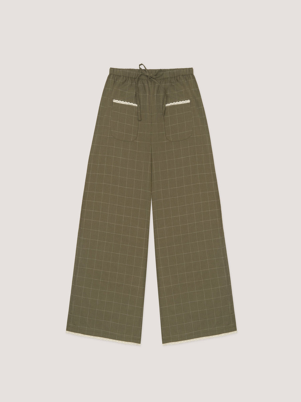 Women's green plaid wide leg trousers with drawstring waist and trim