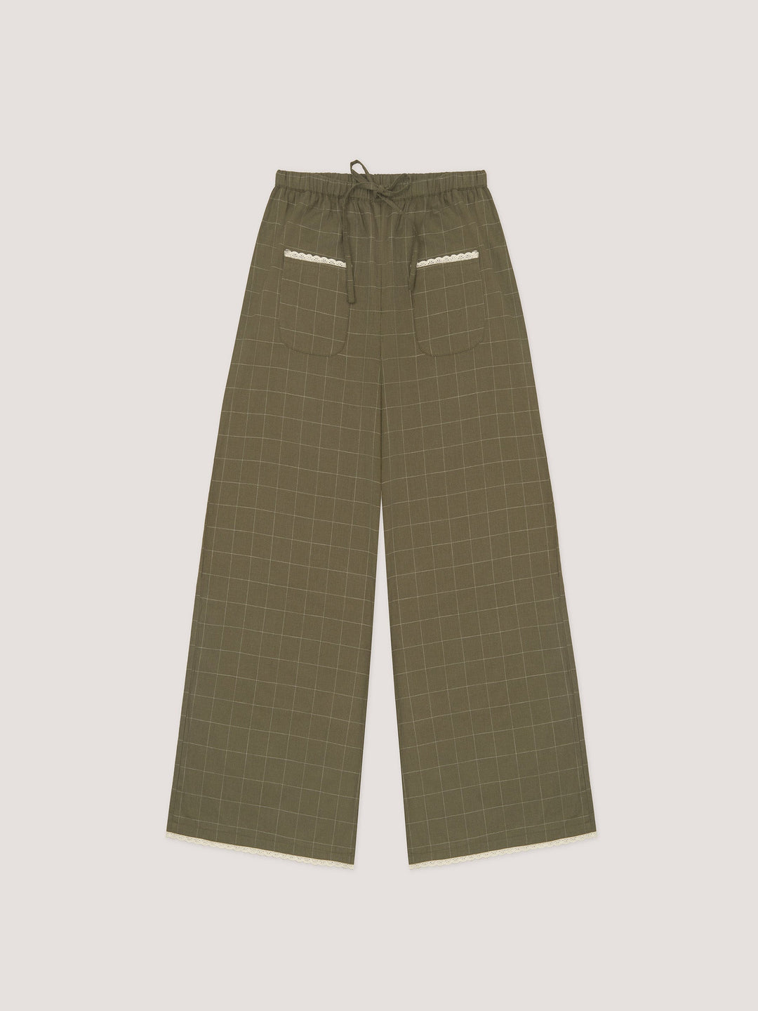 Women's green plaid wide leg trousers with drawstring waist and trim