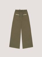Women's green plaid wide leg trousers with drawstring waist and trim