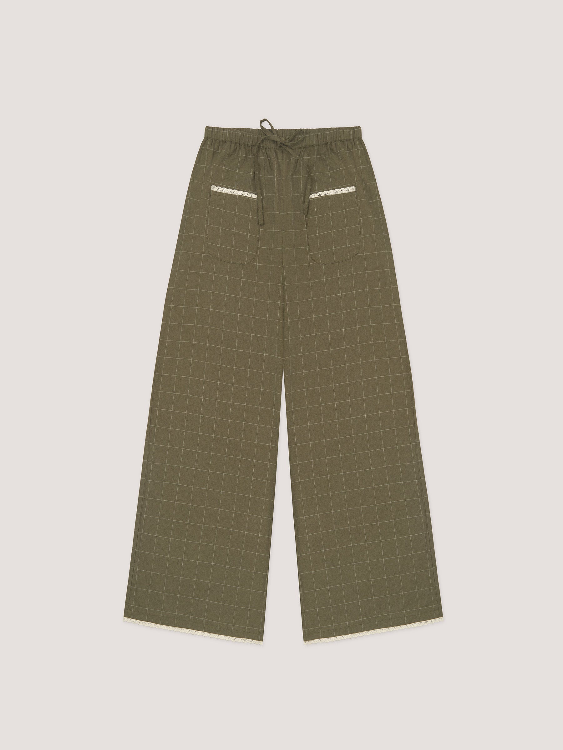Women's green plaid wide leg trousers with drawstring waist and trim