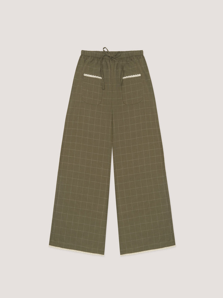 Women's green plaid wide leg trousers with drawstring waist and trim