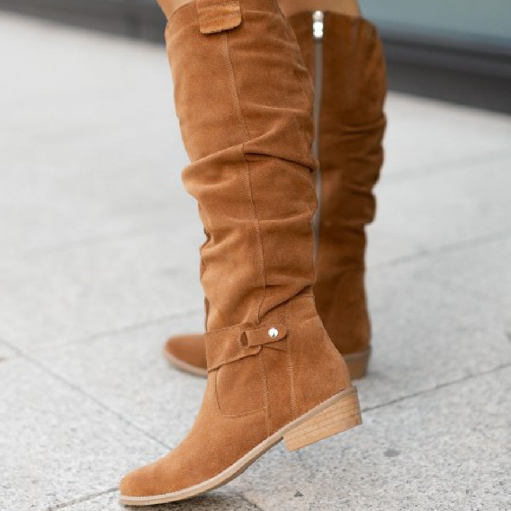 Women's slouch knee high boots with low heel, buckles and almond toe