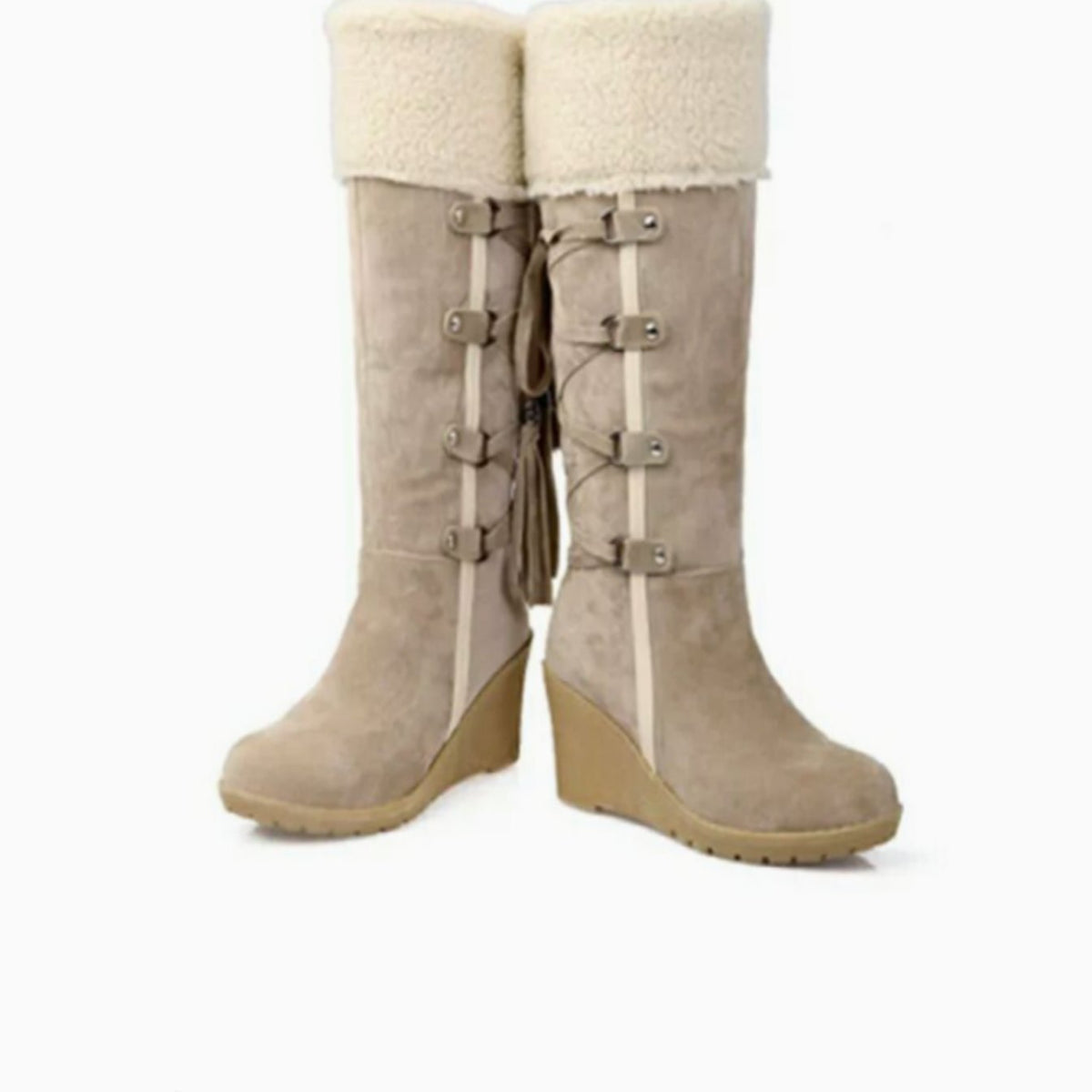 Women's knee-high wedge boots with fur-look trim, buckles and tassel details