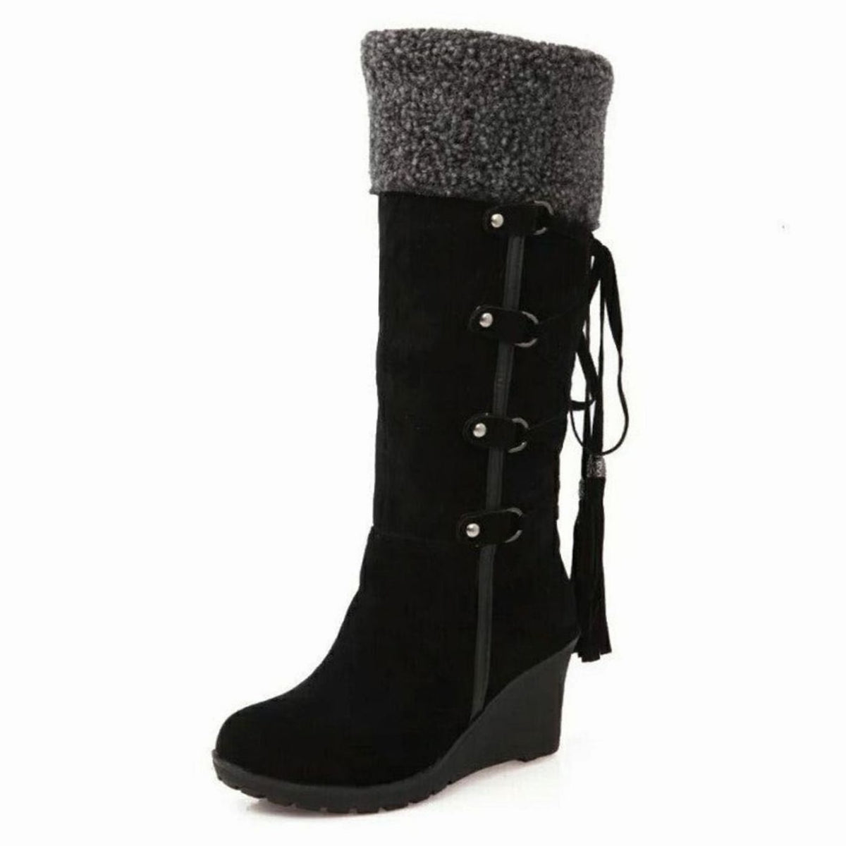 Women's knee-high wedge boots with fur-look trim, buckles and tassel details