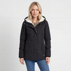 Women's hooded quilted coat with fleece-style lined hood and front zip