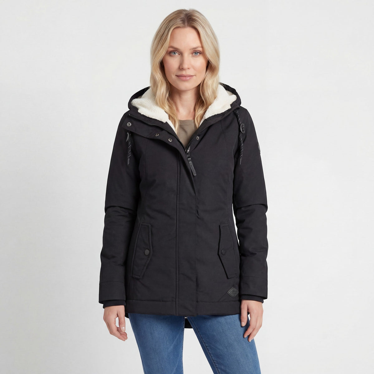 Women's hooded quilted coat with fleece-style lined hood and front zip