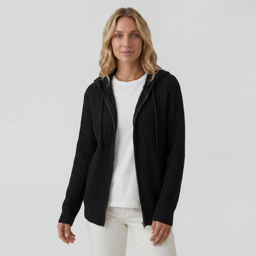 Women's ribbed hooded cardigan with full-zip front and long sleeves