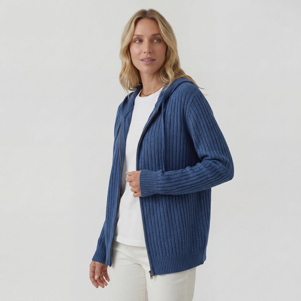 Women's ribbed hooded cardigan with full-zip front and long sleeves
