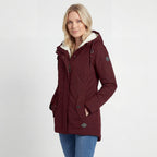 Women's hooded quilted coat with fleece-style lined hood and front zip