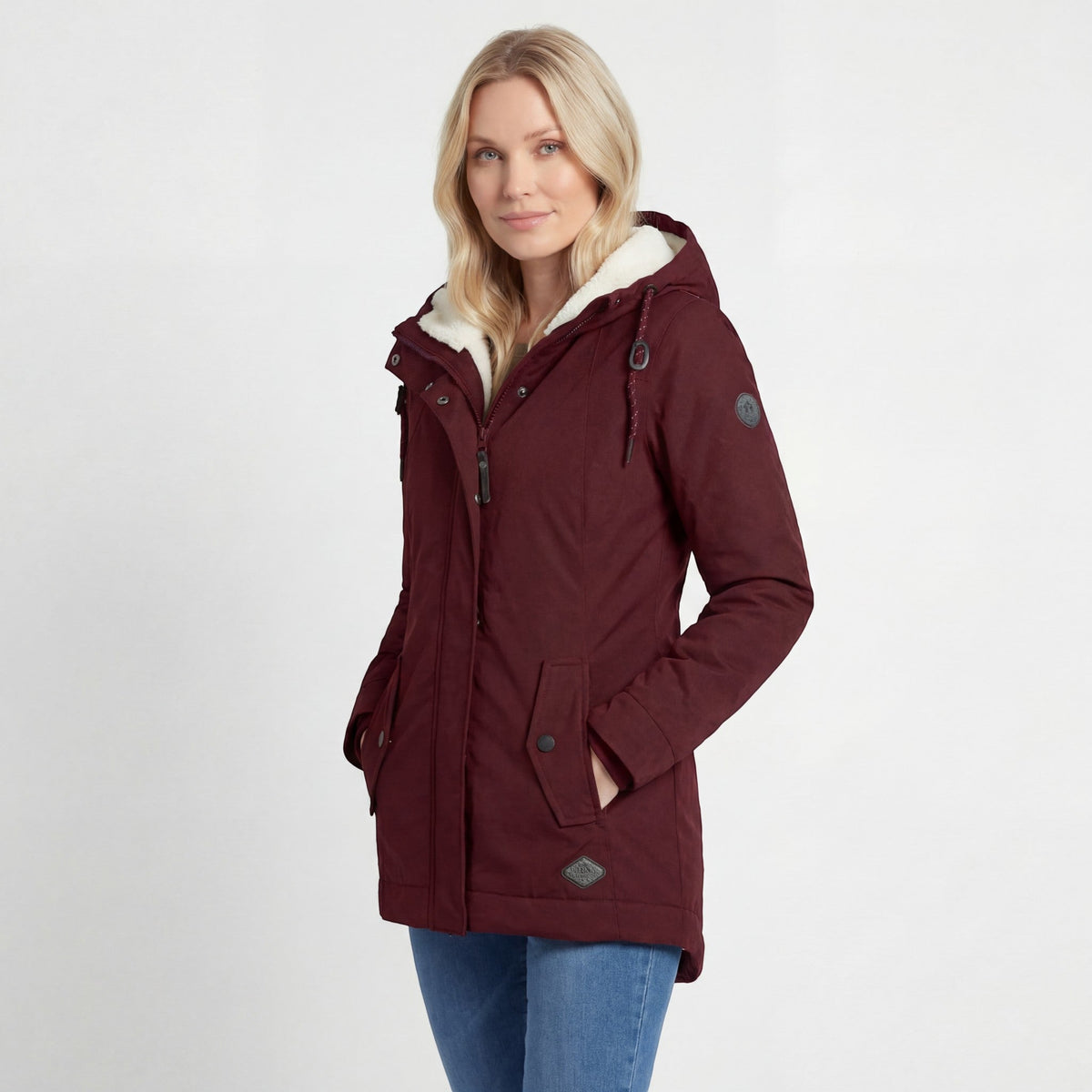 Women's hooded quilted coat with fleece-style lined hood and front zip