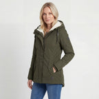 Women's hooded quilted coat with fleece-style lined hood and front zip