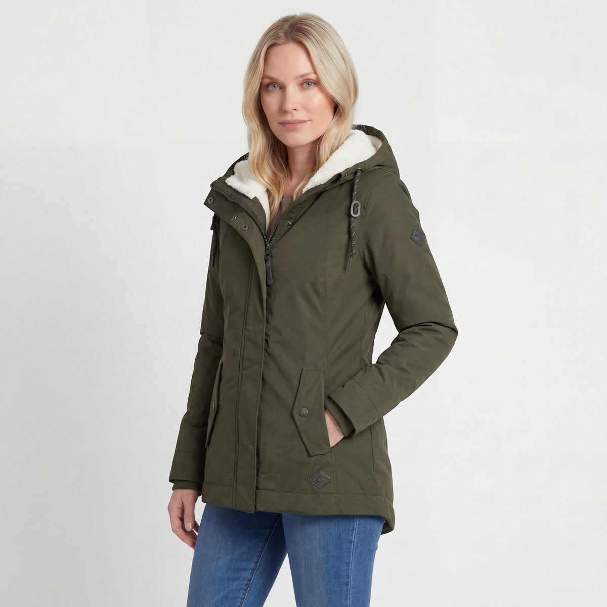Women's hooded quilted coat with fleece-style lined hood and front zip