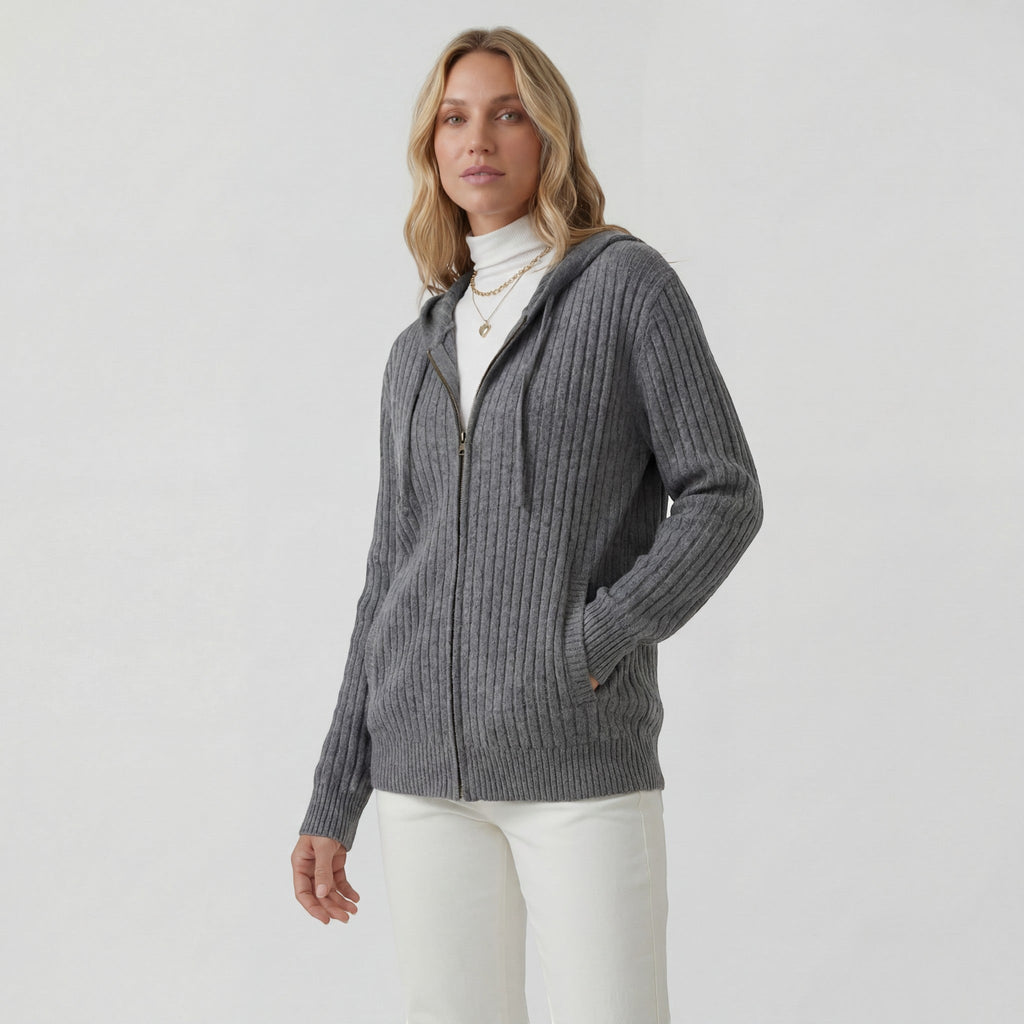 Women's ribbed hooded cardigan with full-zip front and long sleeves