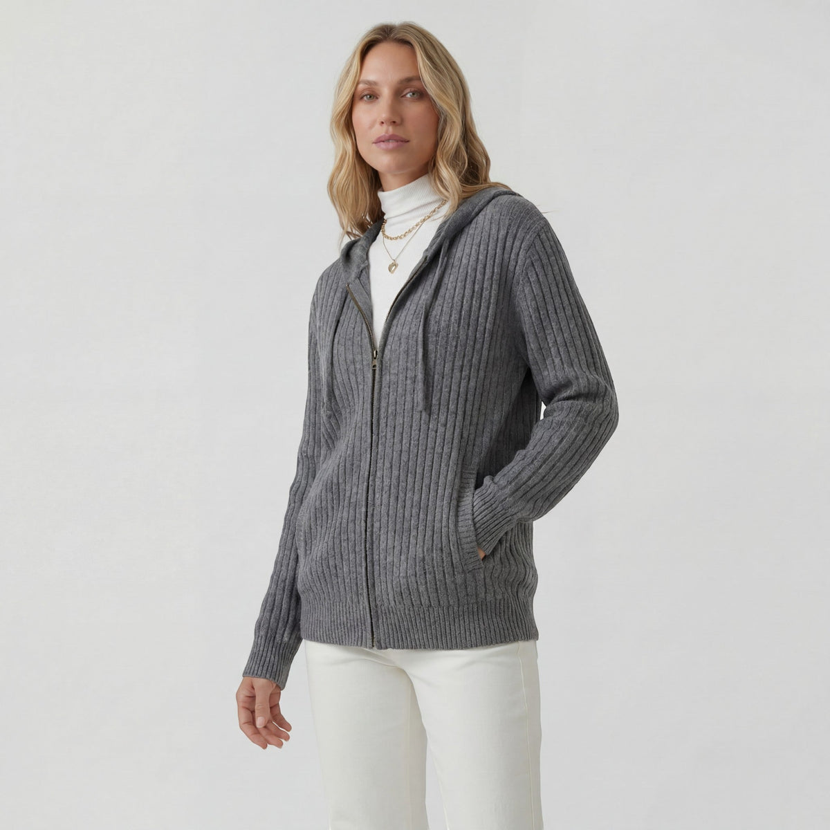Women's ribbed hooded cardigan with full-zip front and long sleeves