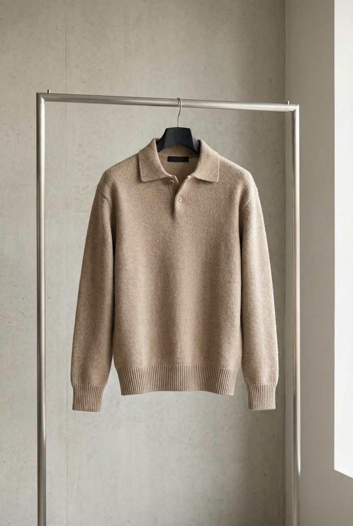 Men's knitted polo jumper with an open collar and long sleeves