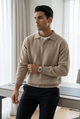 Men's cream knitted polo jumper with an open collar and long sleeves