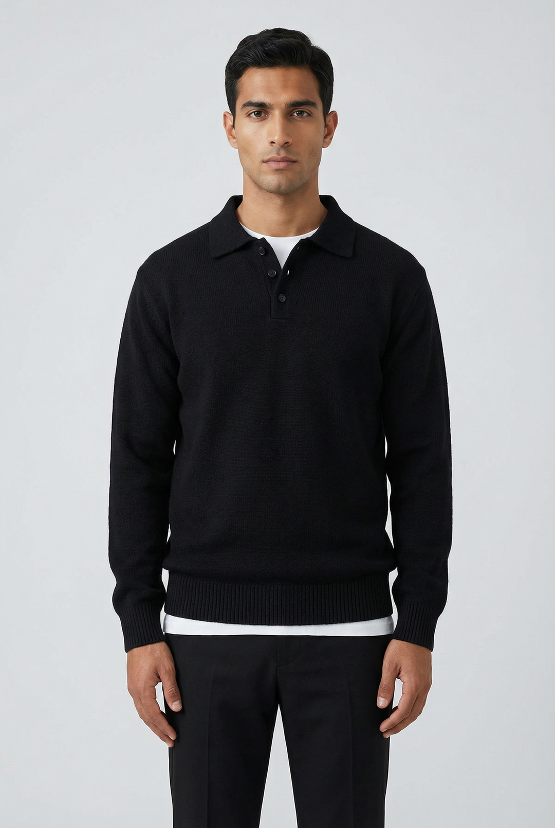 Men's black knitted polo jumper with an open collar and long sleeves