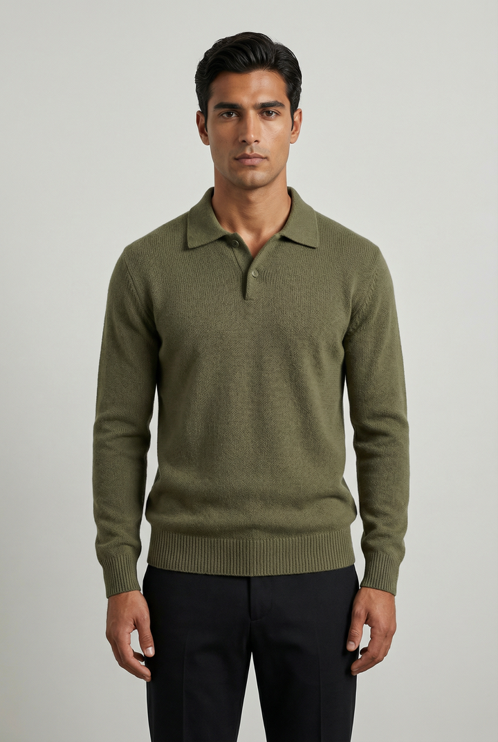 Men's olive green knitted polo jumper with an open collar and long sleeves