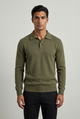 Men's olive green knitted polo jumper with an open collar and long sleeves