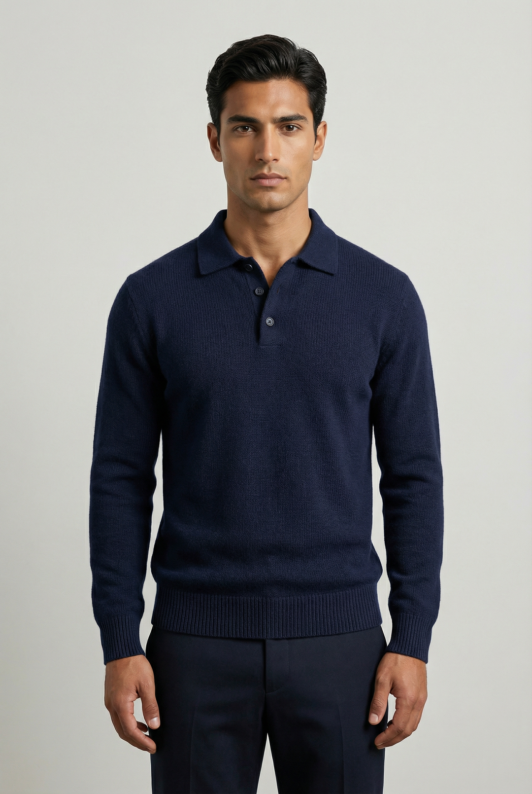 Men's navy knitted polo jumper with an open collar and long sleeves