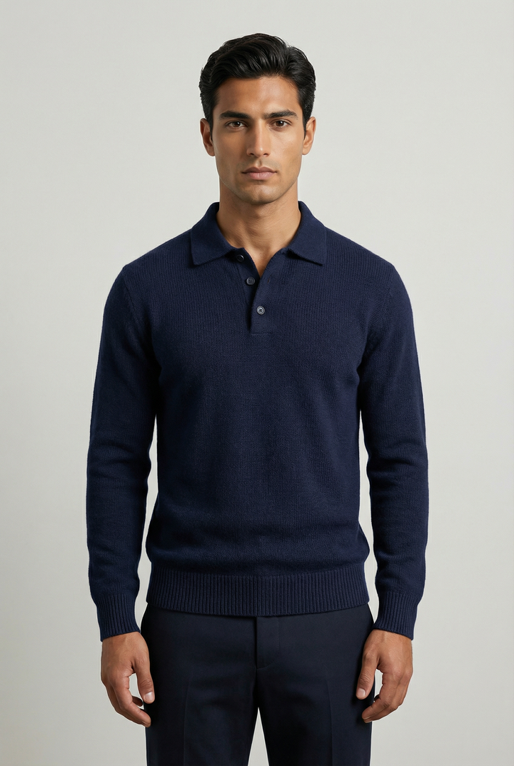Men's navy knitted polo jumper with an open collar and long sleeves