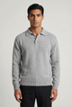 Men's grey knitted polo jumper with an open collar and long sleeves