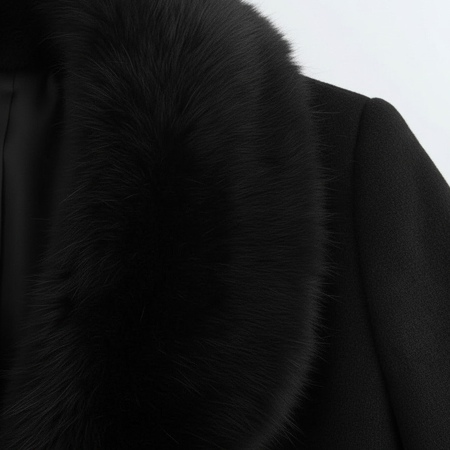 Women's long belted coat with faux fur collar and side pockets