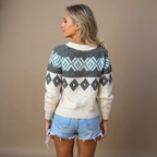 Women's cream cardigan with grey and pale blue geometric pattern