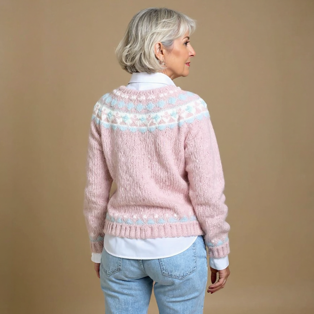 Women's pink cardigan with geometric patterned yoke, buttons and long sleeves