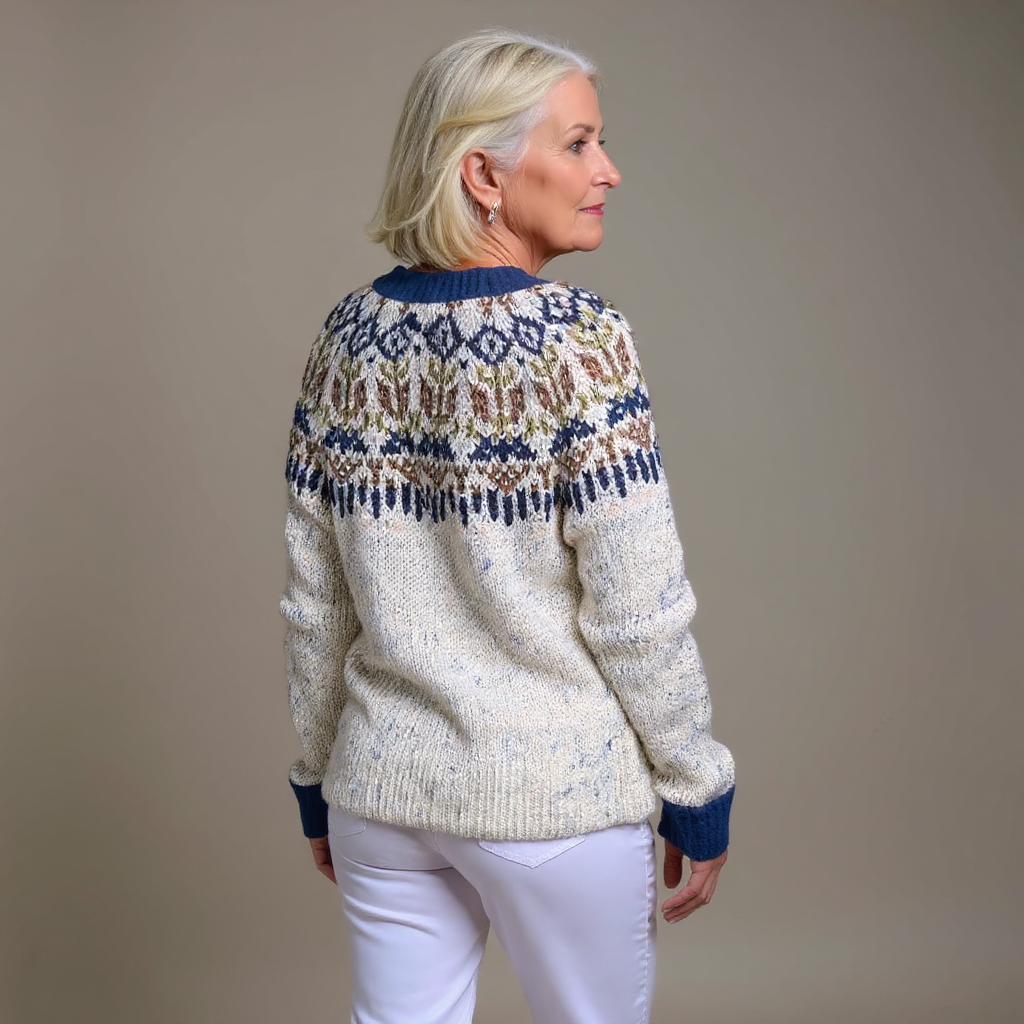 Women's multicoloured Nordic pattern cardigan with navy trim and button front