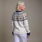 Women's multicoloured Nordic pattern cardigan with navy trim and button front