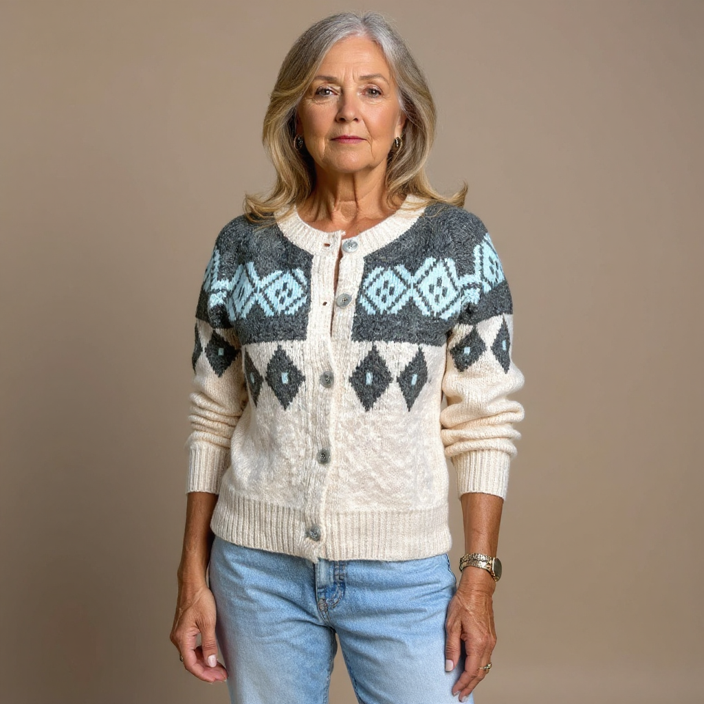Women's cream cardigan with grey and pale blue geometric pattern